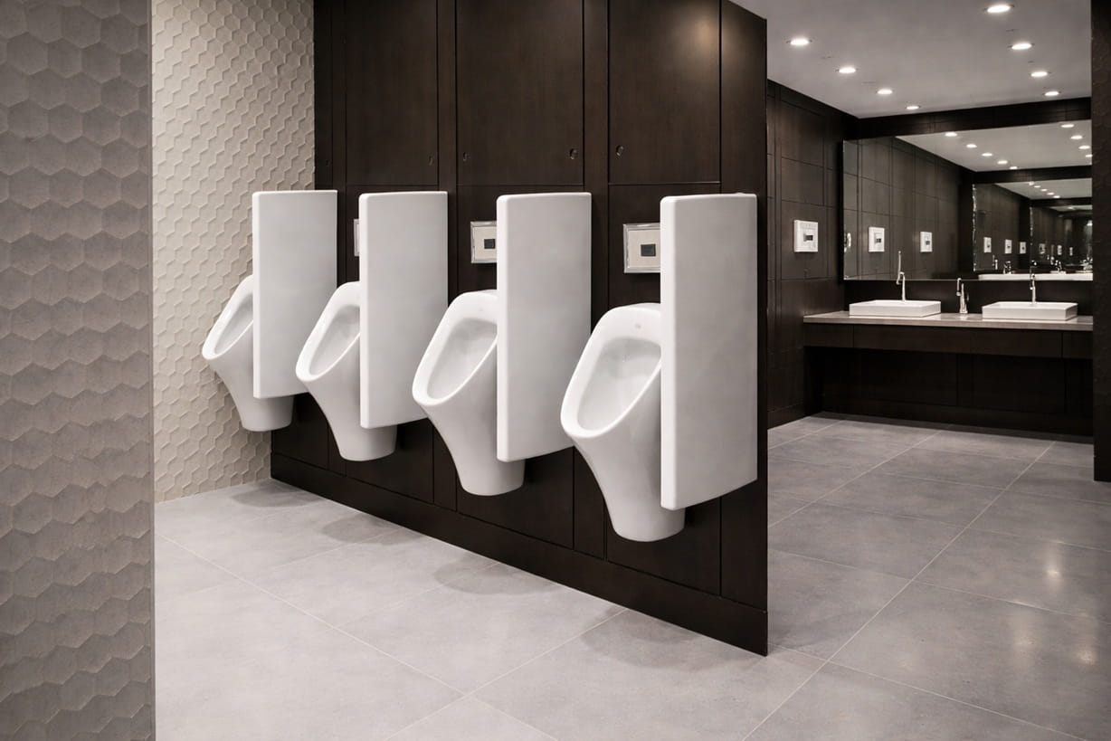 Modern men's restroom with wall-mounted urinals and white privacy partitions near sink and mirror area